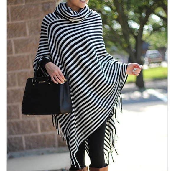 Life Is Beautiful Sweaters - Life Is Beautiful Striped Cowl Neck Poncho Navy